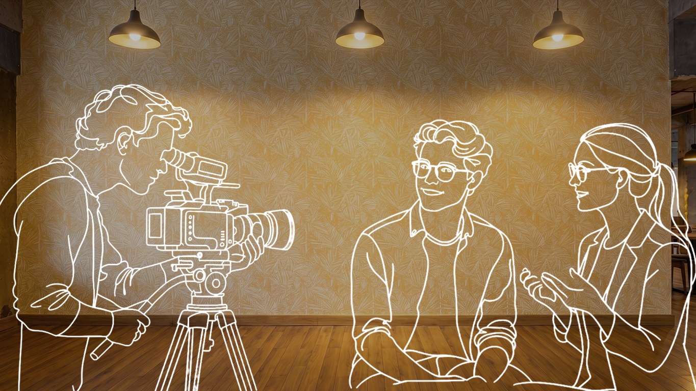 Roman Weber als weisse Outline-Zeichnung filmt mit der Kamera ein Interview zwischen zwei Personen