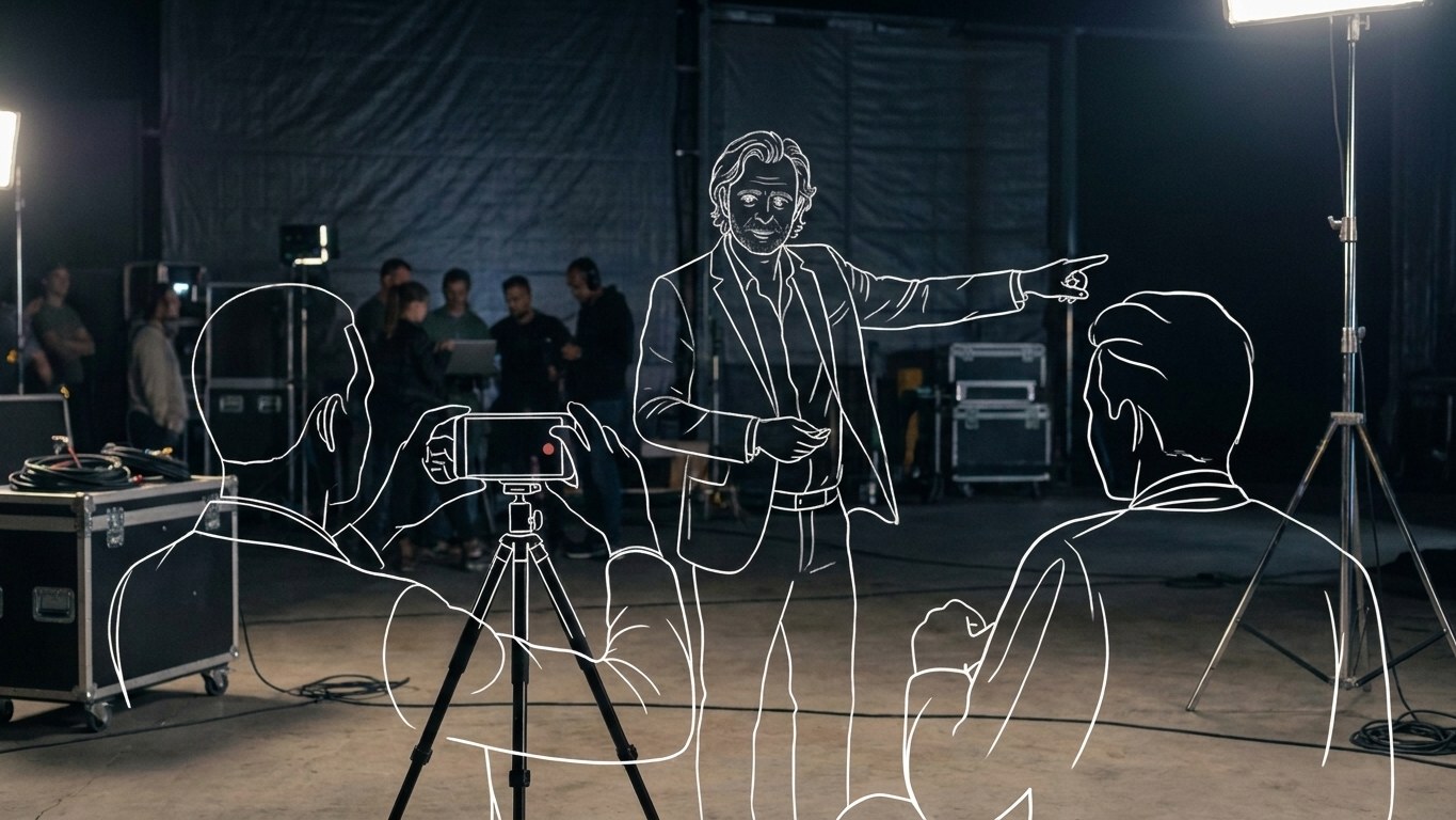 Roman Weber als weisse Outline-Zeichnung erklärt im Filmstudio vor Teilnehmenden die Kameraarbeit